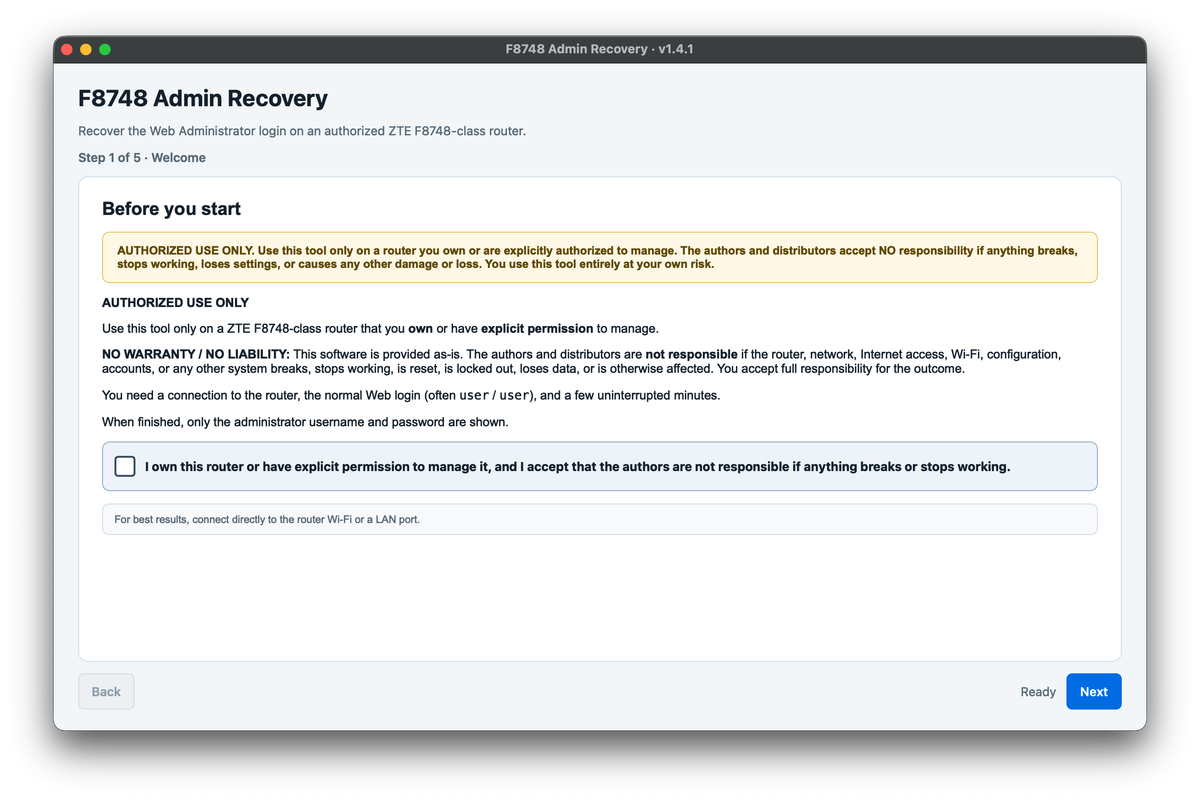 Recovering a lost Web Admin password on a ZTE F8748